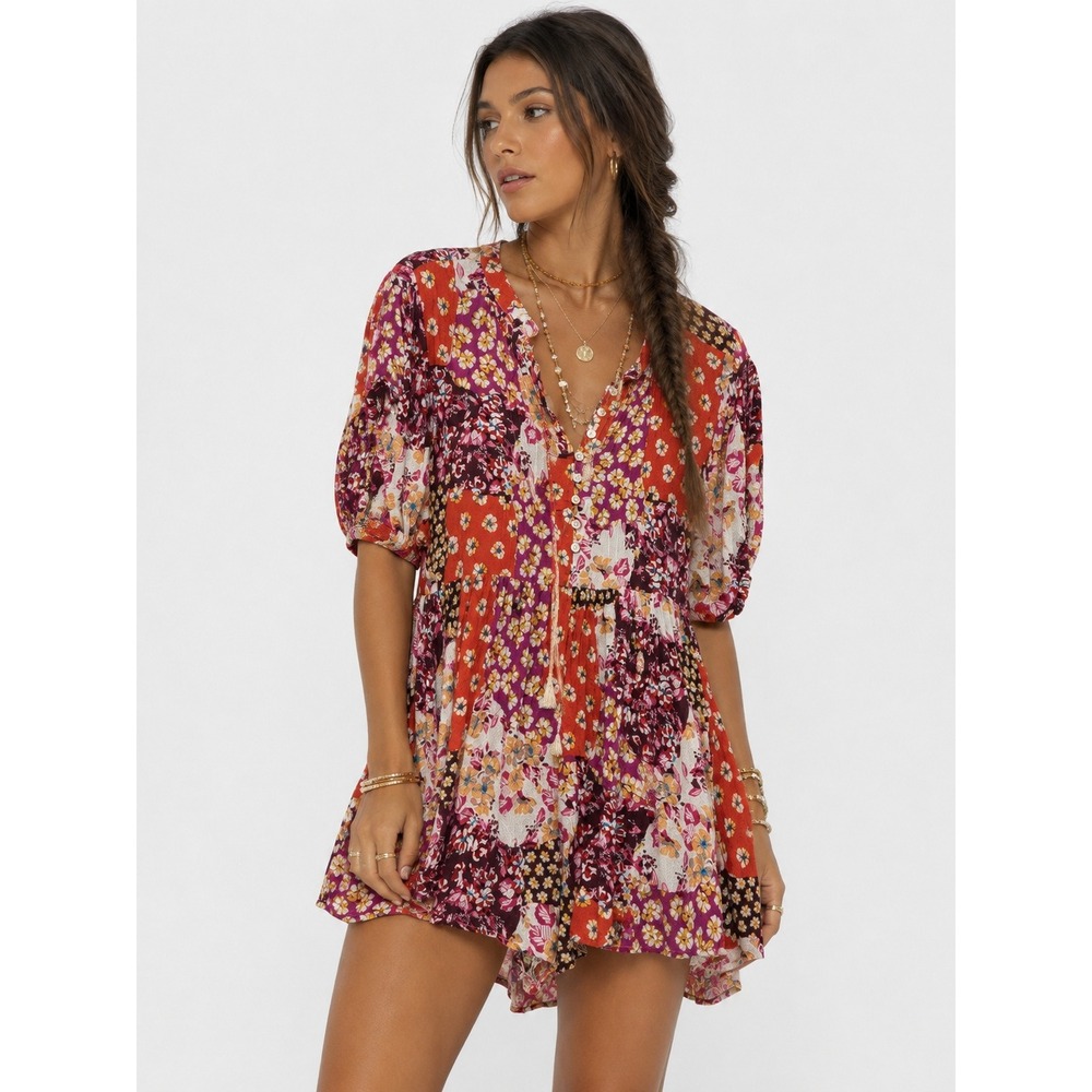 Skylar + Madison Floral Patchwork Romper Red Pink Boho Bell Tassels S